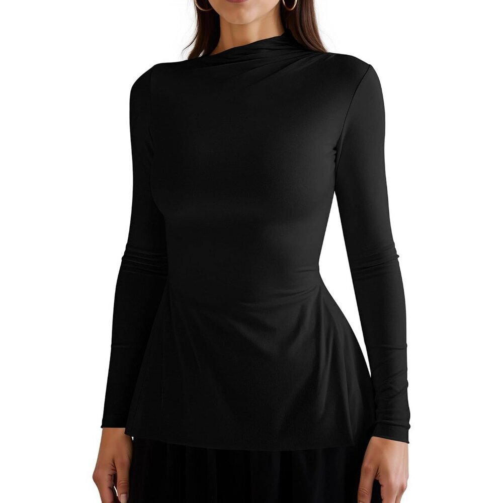 Women Long Sleeve Mock Neck Top Cotton Blend Casual A-line Elegant